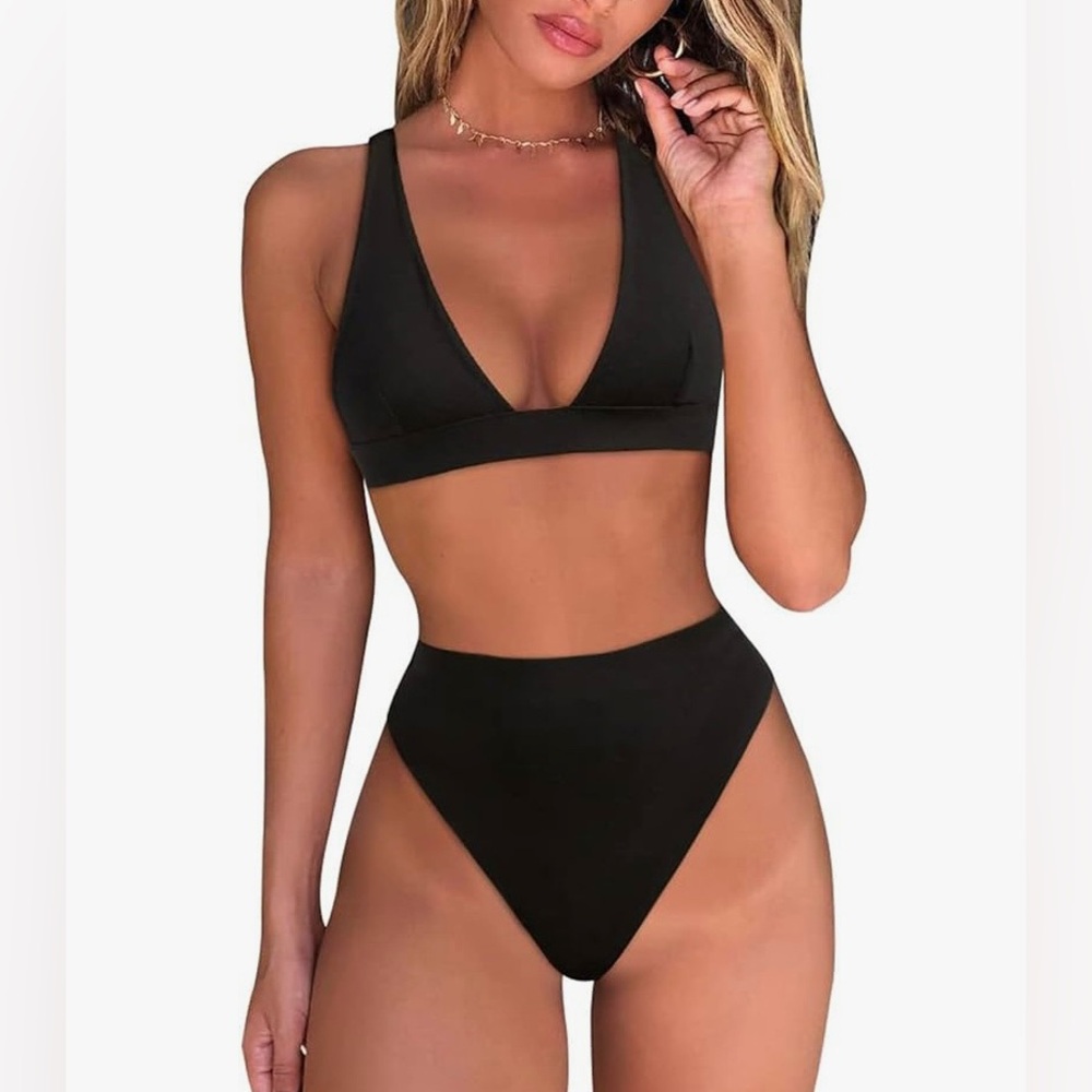 NEW Women’s Brazilian Bikini Swimsuit Black Large High Waisted Thong Two Piece